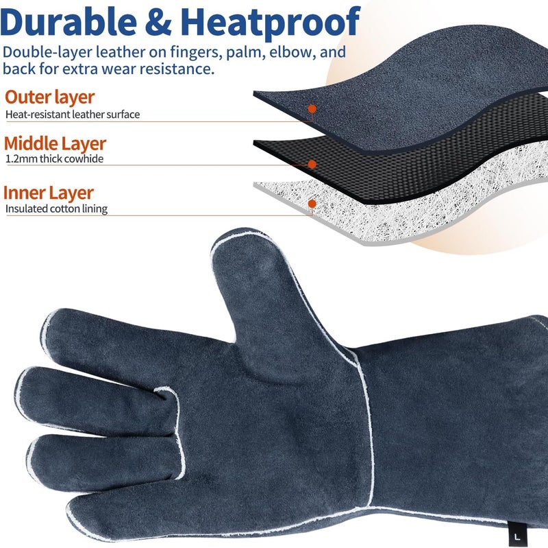 vclpower Welding Gloves Fire Heat Resistant Fireproof Leather for Welding Fire Pit Wood Stove Campfire Furnace BBQ Baking,Grill Oven Stick Mig Tig Gear Gift for Man L - Image 3